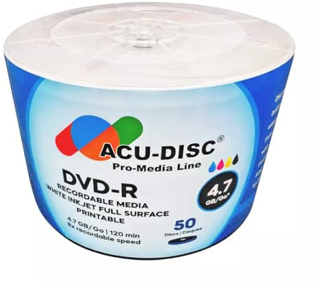 ACU-DISC 8x Speed Pro-Series DVD-R Blank 8x Speed 4.7GB 120 Mins Full Face Brilliant White Inkjet Printable Blank Discs 17981 - 50 Pack