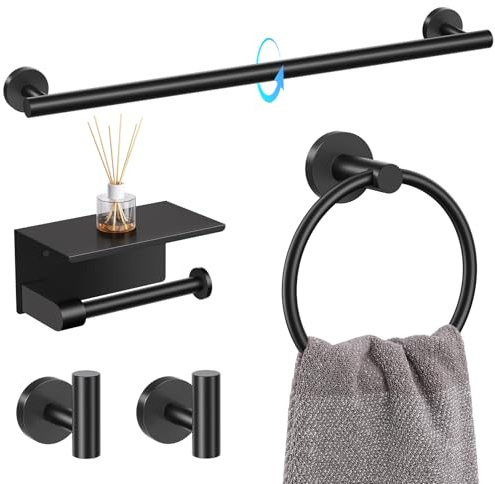 TQKAG 5 Piece Bathroom Towel Bar Holder Sets Matte Black Bathroom Hardware Set Stainless Steel Toilet Paper Holder with Shelf Bathroom Accessories Kit Wall Mounted