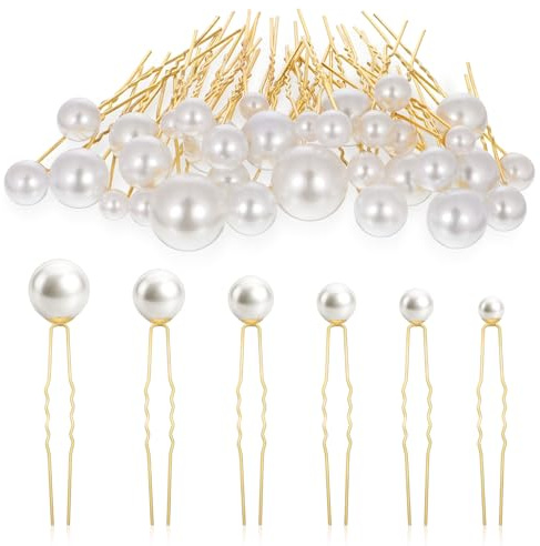 36 Pcs Wedding Pearl Hair Pins Bridal Pearls Bobby Pins U Shaped Hairpins Gold Boho Vintage Bobby Clips Different Sizes Single Pearl Hair Accessories for Brides Bridesmaids Women Girls (Gold)