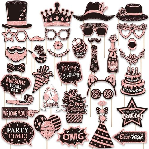 38 Stück Geburtstag Fotostand Requisiten Kit, Happy Birthday Party Favors, Zubehör Bday Party Dekoration Set mit echtem Glitter Cute Bday Designs für Frauen oder Mädchen (Rosa)