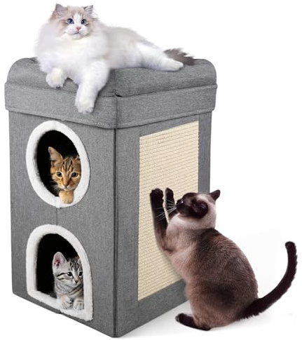 Treeboy 3 Layer Cat House Indoor with Scratching Board, Large Foldable Cat Cave Bed with Plush Cushion, Multi-Level Kitty Condo & Hideaway for Indoor Cats, Small Medium Pets