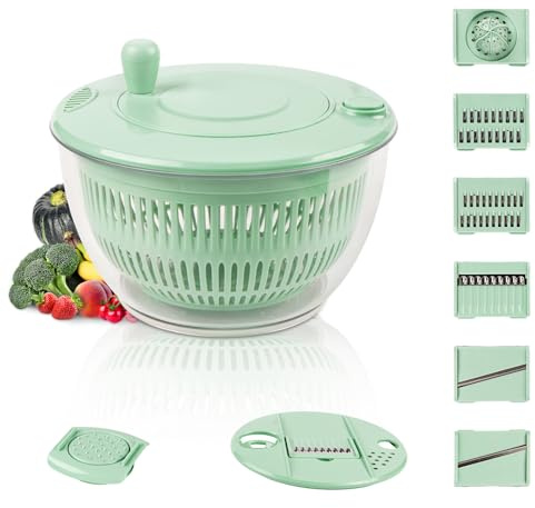5-in-1 Multifunktions-Salatschleuder 4,5 L, Salatschleuder Mit Deckel – 5 Messer für Reinigung, Trocknen, Saftpressen, Schneiden und Lebensmittelaufbewahrung