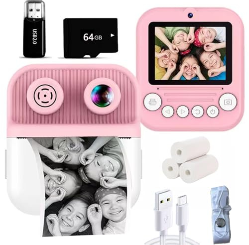 Dual-Lens Instant Print Camera for Kids, 48MP Thermal Instant Printing Camera with 2.4 Inch IPS Screen for Toddler, Boys Girls Christmas Birthday Gifts Photo Printer with 64GB SD Card (Pink)