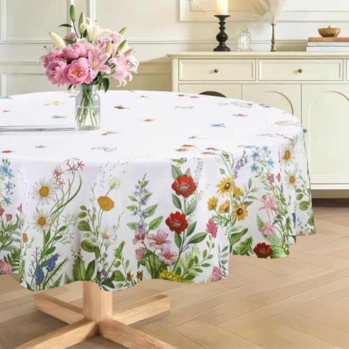 hometrixx Primavera Mantel Redondo 180 cm Antimanchas Retro Flores Hojas Mariposas Manteles Lavable Poliéster Impermeable Cubre Mesas Hule para Comedor Cocina Cumpleaños Festivosr Verde
