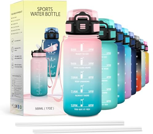 JAPORIA Borraccia 500ml, Borraccia con Cannuccia, Antigoccia, Bottiglia Acqua Motivazionale con Indicatore del Tempo, per Ufficio, Lavoro, Yoga
