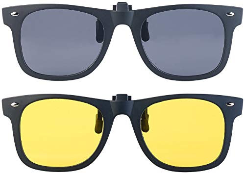 PEARL Sonnenclip Brille: 2er-Set Nachtsicht- und Sonnenbrillen-Clips, polarisiert, UV400 (Brillenaufsatz Sonnenbrille, Sonnenschutz Brillenaufsatz, Schutzbrille)