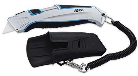 Ferrestock FSKTWC001 cuchillo cúter cerámico de seguridad auto-retráctil con cable de seguridad, cuerpo de aluminio, sistema de bloqueo y funda para cinturón