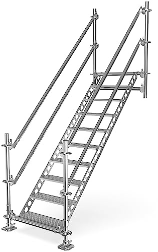 Scafom-rux Feuerverzinkte Bautreppe - [10 Stufen] Außentreppe mit Geländer - 2 Meter Höhe, 80 cm breit, Treppe außen - Stahltreppen für Gerüst und Garten - Aussentreppen Stahl - Treppen Bausatz
