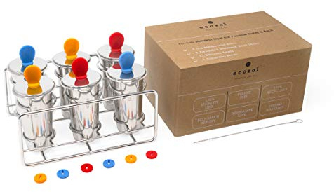 Ecozoi Stainless Steel Popsicle Molds, 6 Ice Popsicle Makers, 6 Stainless Steel Sticks, 12 Silicone Seals and 1 Coconut Cleaning Brush, Eco Popsicle Molds for Kids and Adults, 4 oz Per Mold (Round)