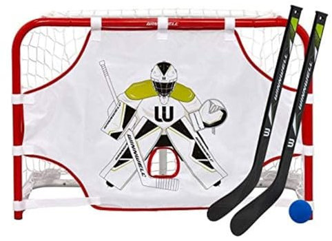 Winnwell Mini Hockey-Set 31 - Metalltor mit Netz, 2 Schläger, 1 Ball, 1 Torwand, Mehrfarbig