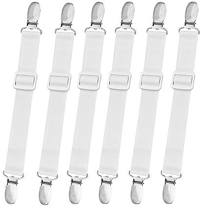 10 pcs Adjustable Bed Sheet Straps,Bed Sheet Clips, Elastic Bed Fitted Sheet Holder from 14 to 47 Inch,Couch/Sofa Cover Straps,Sheet Fastener Suspenders,Fitted Sheet Straps Clips,White