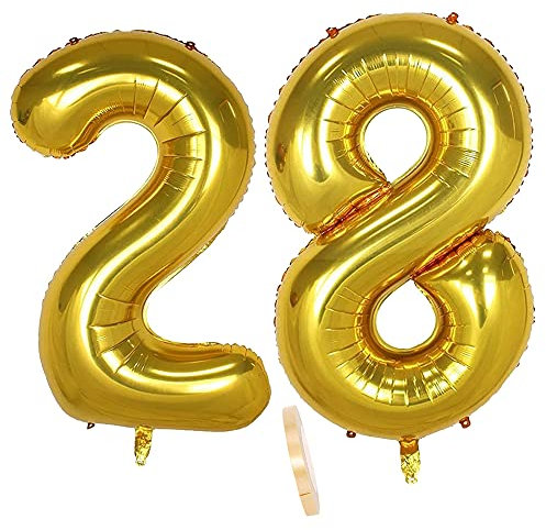 2 globos numeros 28 años, Number globo número 28 Dorado para Hombres Mujeres niños,40 Figuras Gold globo de lámina de helio inflable, gigante grande decoración fiesta de cumpleaños boda (xxxl 100cm)