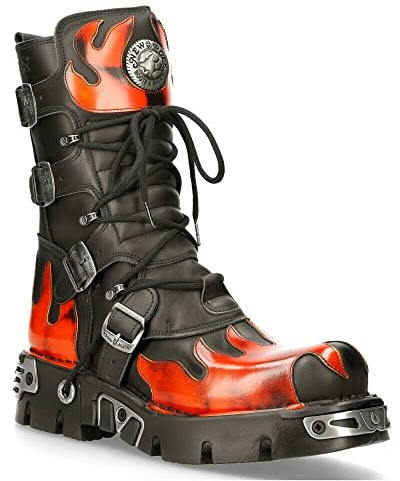 Botas New Rock 591-S1 de Cuero Negro con Llama Roja Metalizada a la Moda Estilo Motociclista Punk Gótico 6.5