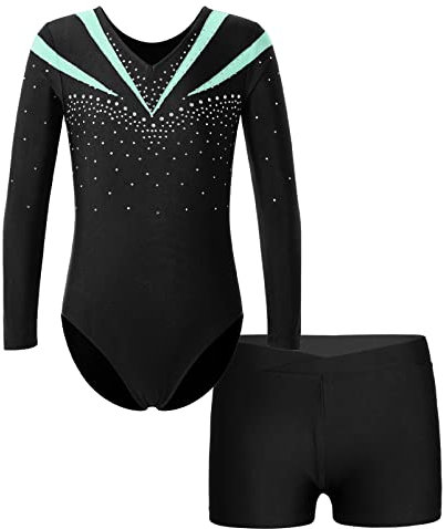 Alvivi Barn flickor träningsdräkt gymnastikdräkt långärmad dansbody med shorts glitter balettdräkt baletttröja leotard fitness sport träning tävling, C ljusgrön med shorts, 134/140 cm