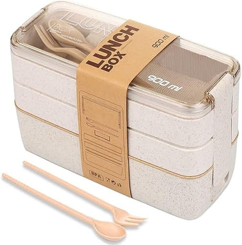 Click Clack Bento Box with Cutlery Set | 3 Compartments Japanese Lunchbox | Portable, Leak Resistant, Dishwasher & Microwave Safe Lunch Container | Stackable Food Storage Box for Kids (Beige)