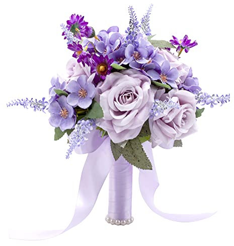 Floinla Lavender Purple Wedding Bouquets for Bride Bridesmaid Artificial Roses Flowers Lilac Bridal Bouquet for Rustic French Vintage Formal Wedding Church Home Decoration