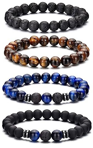 Hipwope Perlenarmband für Männer und Frauen - Schwarzes Elastisches Lava Rock Tigerauge Armband