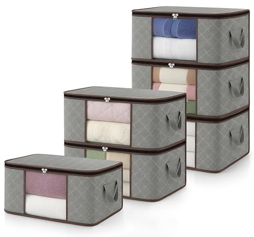 unycos - Cajas para Almacenaje de Ropa x 6【35L】 Bolsas Plegables con Ventana Transparente, Doble Cremallera y Asas Reforzadas, Organizador de Toallas, Edredones, Juguetes | Hasta 10 kg (Grey/Coffee)