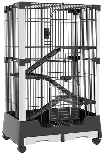 PawHut Jaula para Animales Pequeños con Ruedas 114x75x50 cm Valla para Mascotas con 3 Plataformas 3 Rampas Bandejas Extraíbles para Hurones Conejos Negro