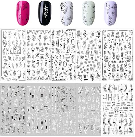10 hojas de pegatinas para uñas con flores, autoadhesivas, flores blancas y negras, para decoración de uñas, accesorios para decoración de uñas