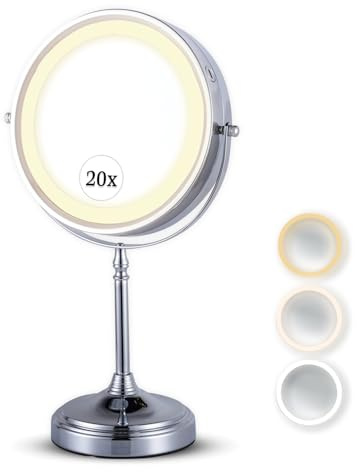 Super Zoom 20X Magnifying Makeup Mirror with Lights - 20X & 1X Make Up Vanity Mirror with 3 Lighting Modes, Rechargeable Battery with USB Cable - 20cm Wide & 38cm Tall (Chrome)