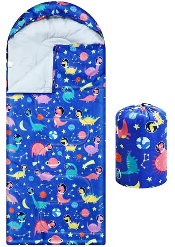 Camping Sleeping Bag for Kids 3 Season Warm Cool Cold Weather Waterproof Sleeping Sack for Boy Girl with Carry Bag Adult Travelling Outdoor Camping Gear Equipment(Space Dinosaur,Blue)