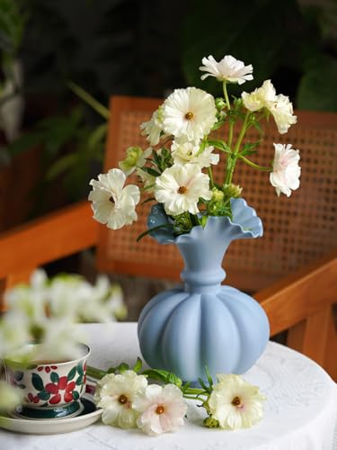 Jarrón de flores, jarrón de cerámica de calabaza, jarrón de cerámica para decoración, recipiente para flores, centros de mesa de comedor, sala de estar, escritorio, decoración de estanterías (azul)