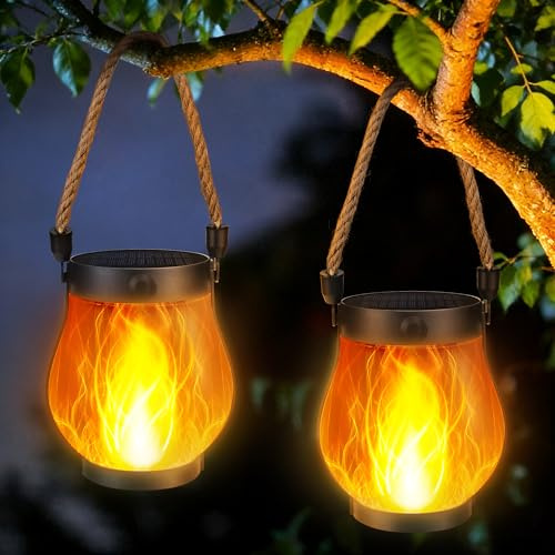 Jyoiat 2 Pack Solar Outdoor Lanterns, Dancing Flame Lights, Warm White