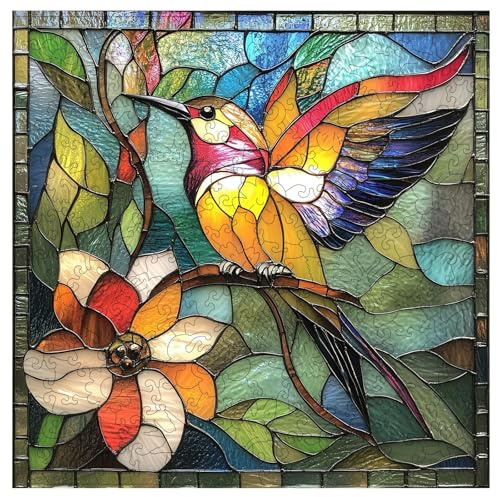Qiuenisray Wooden Puzzles for Adults, Mother's Day Puzzle, Stained Glass Hummingbird Puzzle 200 Piece, FSC Certified Unique Animal Shape Wood Puzzles, Bird Jigsaw Puzzles for Family Game 11.2x11.2 in