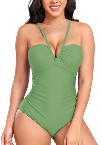 NLAND Bañadores Mujer Cuello en V Trajes de Baño una Pieza para Mujer Correas Espaguetis Push Up Cintura Alta Vientre Plano Sexy Bañador Natacion Monokini,Verde L