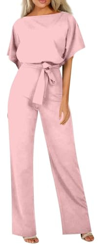 HOOUDO Linen Jumpsuits for Women UK Summer Short Sleeve Playsuits Ladies Plain Casual Wide Leg Pant Belted Romper Formal Wedding Overalls Baggy One Piece Outfits Dungarees My Orders Pink