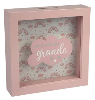 Salvadanaio Grande in Legno Rosa, 16x16 cm, Design Arcobaleno e Nuvole, per Bambina