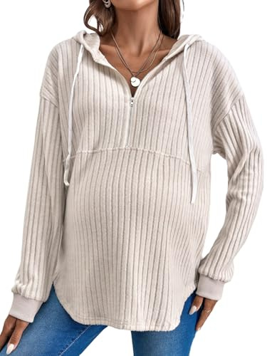 RoseSeek Women's Maternity Sweatshirts Long Sleeve Rib Knit Half Zip Up Hoodies Pullover Tops Fall Clothes Khaki Plain L