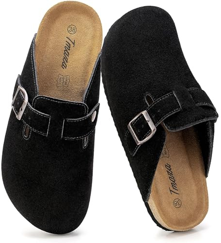 Tmaza Zoccoli e Sabot Donna Ciabatte in Pelle Scarpe -Chiuse Comodo Pantofole-Fibbia Regolabile al Piede Scarpe Nero 40 EU