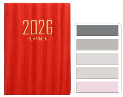 RuiChy Mini Agenda de Bolsillo 2026 Cubierta de cuero PU Agenda Diaria A7 Semana Vista 128 Páginas Planificador Diario Calendario Anual Libreta con Morandi Adhesivos Índices de Pestañas (Rojo)