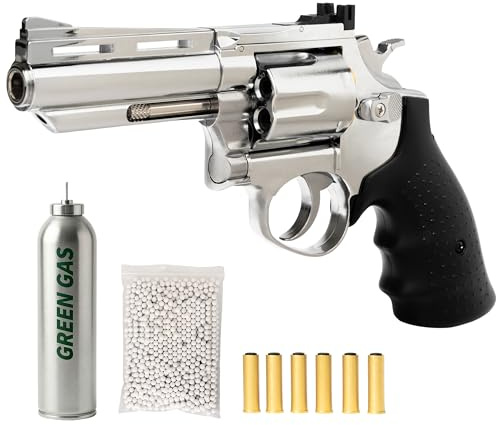 Pistola Softair Revolver, Pistola a Pallini, 1 bomboletta green gas, 1000 Pallini 6mm, caricatore, 6 bossoli, Airsoft, Pistole Softair, potenza 0,9 joule, colore cromato, dimensioni cm 34x12,5