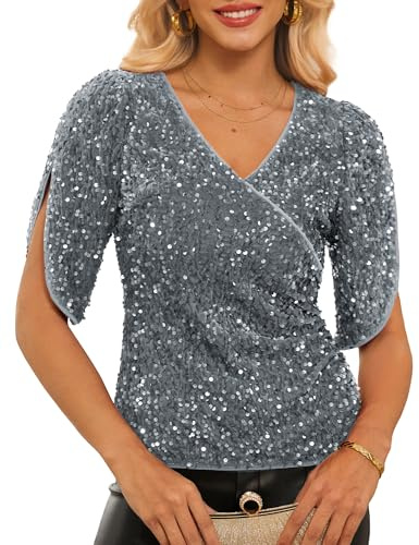 GRACE KARIN Top Scintillanti da Donna Manica Mezza V-Collo Top con Paillettes per Festa Bluse in Velluto per Natale Uscita Notturna, Grigio, L