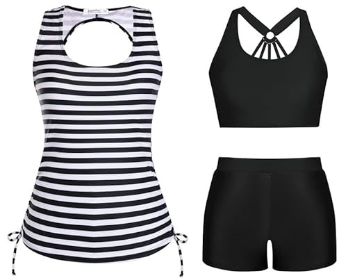 JASAMBAC 3-delad tankini för kvinnor, push-up bikiniöverdel och badshorts med hög midja, enkla badkläder, sportbaddräkt, badmode för strand, pool, Svartvita ränder, M