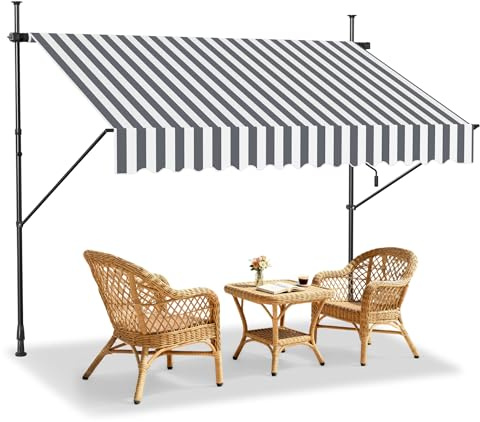 FIVMEN Tenda da sole a morsetto, larghezza 200 cm, per balcone, senza foratura, con manovella, regolabile, protezione solare resistente alle intemperie, 200 x 120 cm, a strisce grigie