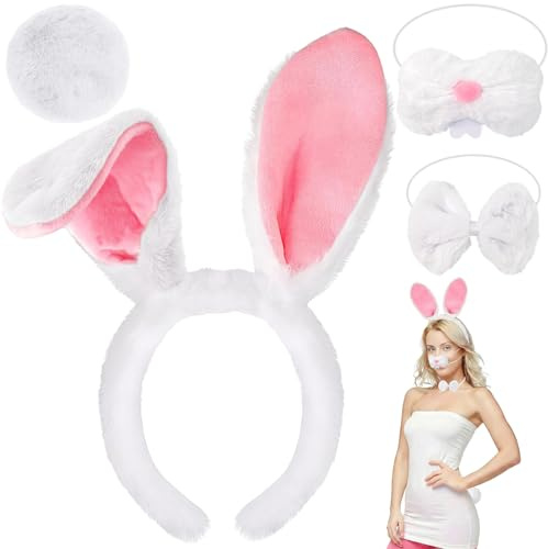 CHONGQILAO Hasenohren Haarreif Set, Diadema de Orejas de Conejo de Pascua, Diadema con Orejas de Conejo de Felpa, Nariz de Conejo Cola de Conejito Pajarita
