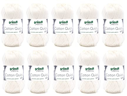 Filato per maglia/uncinetto Gründl Cotton Quick Uni, 10 gomitoli da 50 g (filato dai vivaci colori 100% cotone, certificato OEKO-TEX®, 50 g / 125 m, ferri: 3-4, 10 x 50 g), wool white