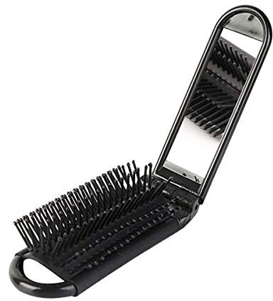 Ogquaton - Spazzola portatile da viaggio, pieghevole, con specchio, compatto, tascabile, colore: Nero