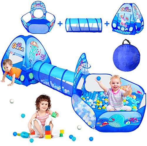 PigPigPen 3 in 1 Kids Play Tent with Tunnel, Ball Pit, Basketball Hoop for Boys & Girls, Toddler Pop Up Playhouse Toy Baby Indoor/Outdoor, Gift Year Old Child (3 Tent)