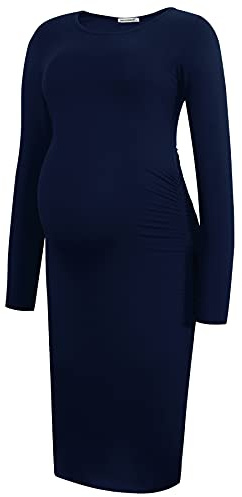 Smallshow Women's Long Sleeve Maternity Dress Ruched Pregnancy Clothes,Navy,XL