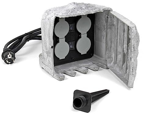 Gartensteckdose 4fach in Steinoptik, IP44, Außensteckdose mit zwei Schaltern und 1,5m Kabel