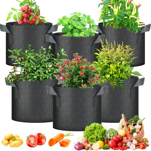 YANGUN 6 Stücke Pflanztasche aus Vliesstoff, 12 Liter Pflanzsack, 3 Gallon Vliesstoff Pflanzbeutel, Pflanzsäcke für Balkon, Garten & Gewächshaus - Pflanzbeutel für Gemüse, Blumen, Tomaten