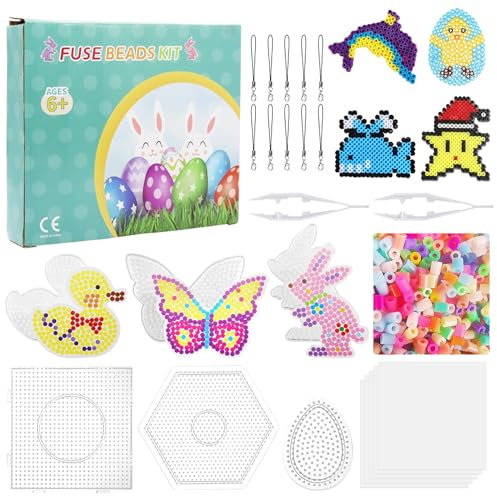Seasboes Bügelperlen Set Ostern, Bügelperlen Platten Set, 2000 Bunten Bügelperlen, 6 Stk Platten Osterhase Ei Ente Schmetterling, Bügelperlen Vorlagen Basteleien Steckplatten DIY für Kinder Osterdeko
