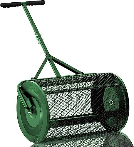 OSBELE Esparcidor de abono de 24 Pulgadas, esparcidor de turba con Mango en Forma de T Mejorado para Plantar Semillas, Rodillo esparcidor de estiércol, esparcidor de Malla metálica Ligero y durader