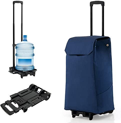 GYMAX 2 in 1 Einkaufswagen, klappbarer Einkaufstrolley mit Abnehmbarer Tasche, höhenverstellbarer Handwagen, Einkaufstasche mit 2 Rädern zum Einkaufen, Campen & Transport (Blau)