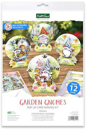 Katy Sue Garden Gnomes Die-Cut Pop-Up Card Making Kit for Adults. Makes 12 Cards & Contains Gnome or Gonk Die-Cut Decoupage Paper Sheets, Supports, Envelopes & Foam Pads for Card Making Supplies